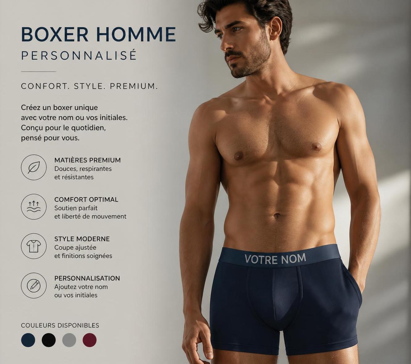 découvrez notre boxer pour homme personnalisé, alliant confort exceptionnel et style unique pour un quotidien à votre image.