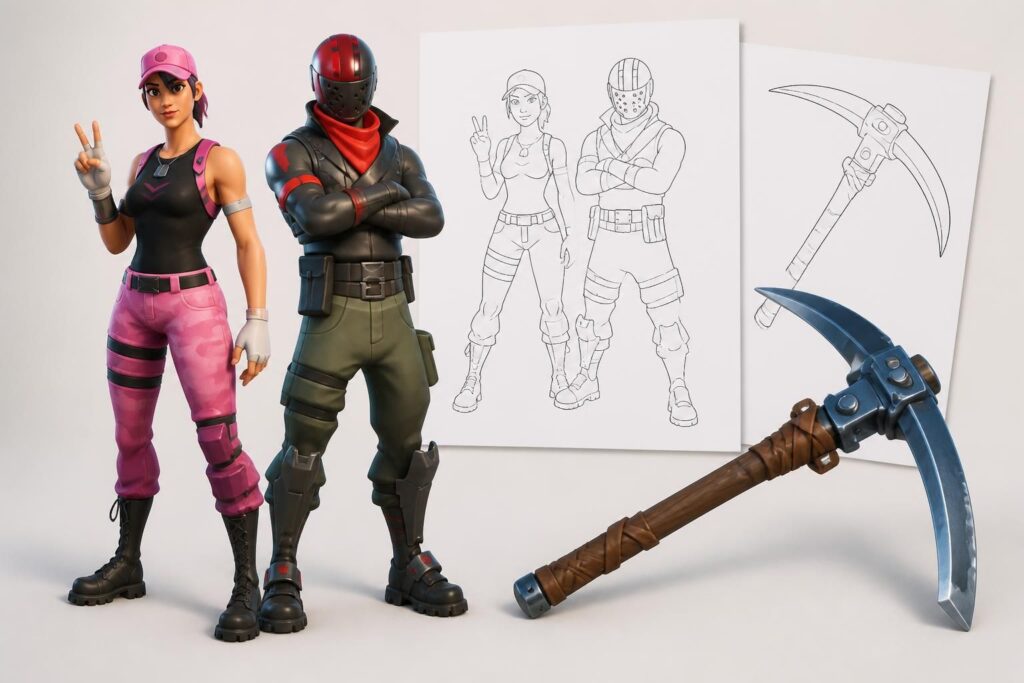 découvrez des dessins fortnite faciles à réaliser avec des skins, des pioches et des coloriages à imprimer pour les fans de tous âges.